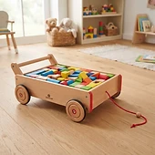 Baby Pull-Along Wooden Wagon with Blocks