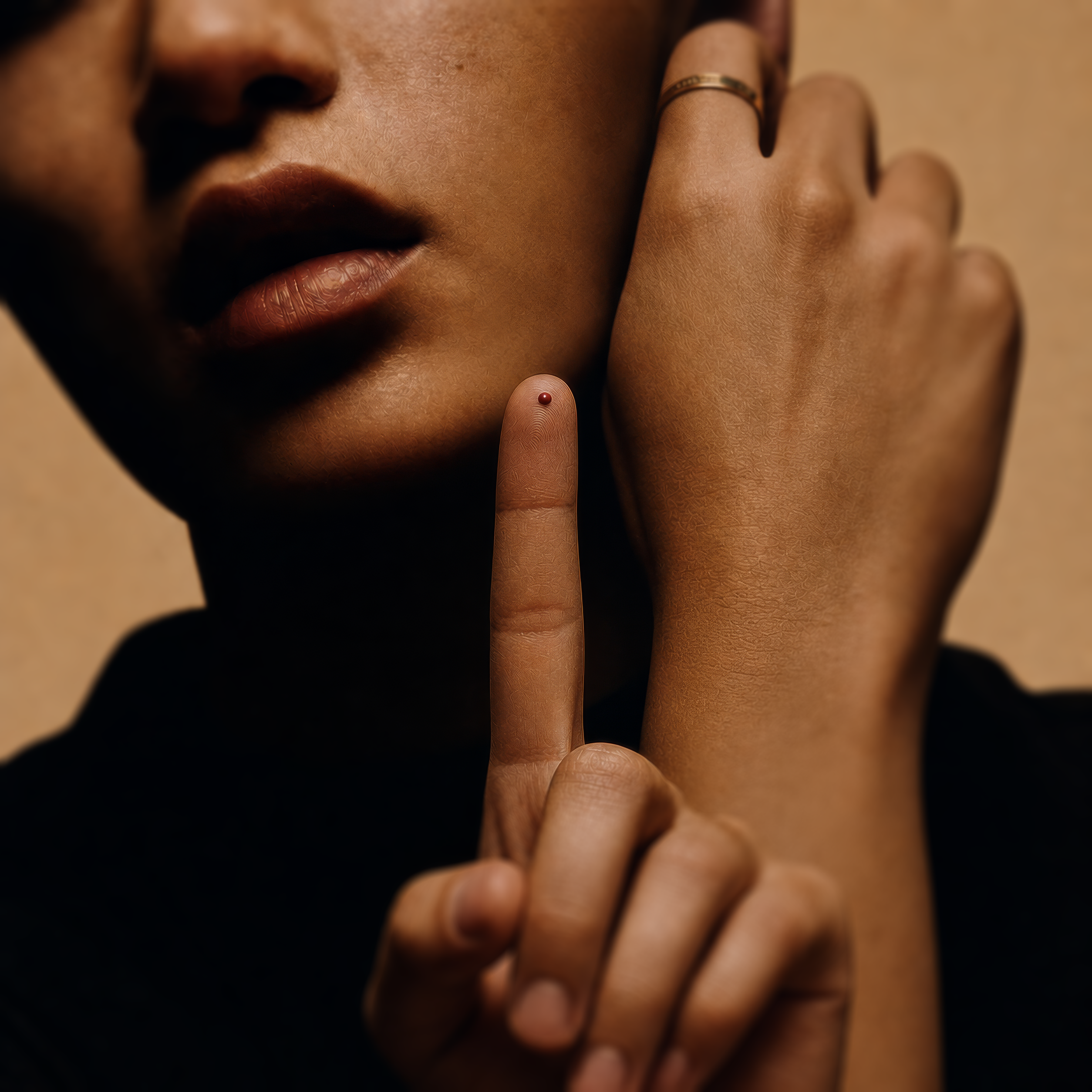 Finger prick with a blood droplet for the HIV self test