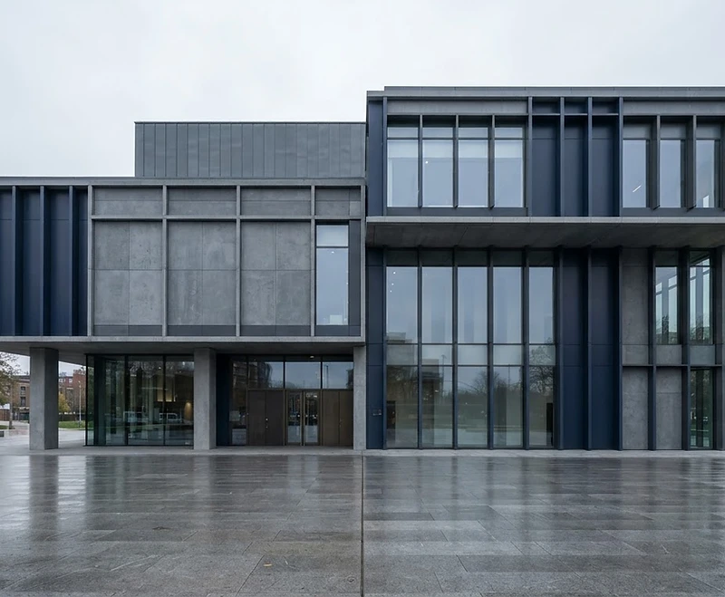 Modern UK architecture under a soft overcast sky