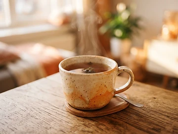 A freshly brewed cup of tea in a ceramic mug, representing the warmth of companionship