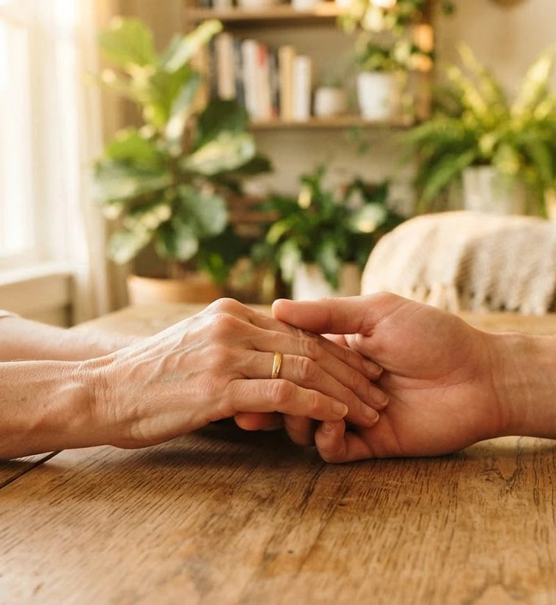 Two hands resting together on a warm wooden table in soft morning light, symbolising connection and support