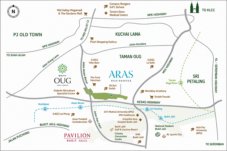 Aras Residences — WCity OUG location map showing highways, LRT lines and nearby landmarks