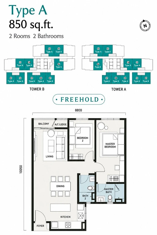Type A floor plan — 850 sq.ft.
