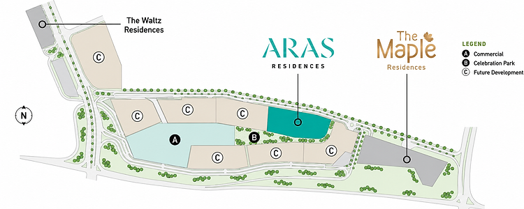 WCity OUG masterplan — zoning for commercial, Celebration Park, future development and the three residential towers including Aras Residences