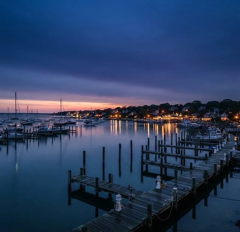 Long Island coastal harbor at twilight