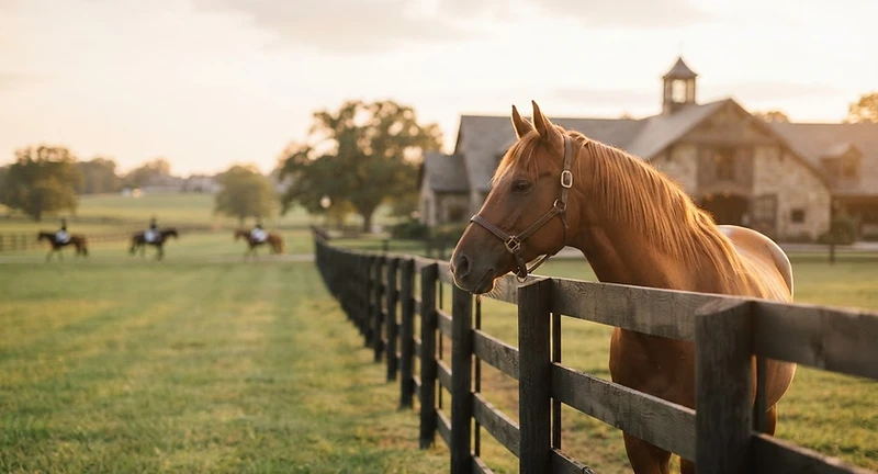 A chestnut horse gazing over a fence at a university equestrian facility in golden hour light