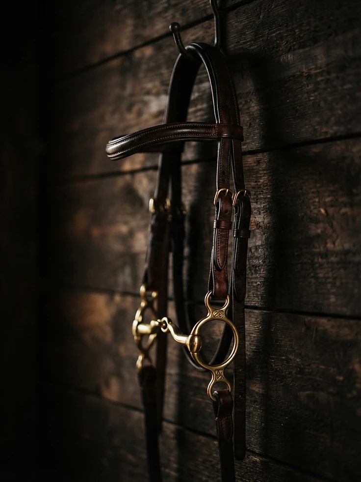 Macro detail of a polished brass equine bit and dark leather bridle on a barn wall