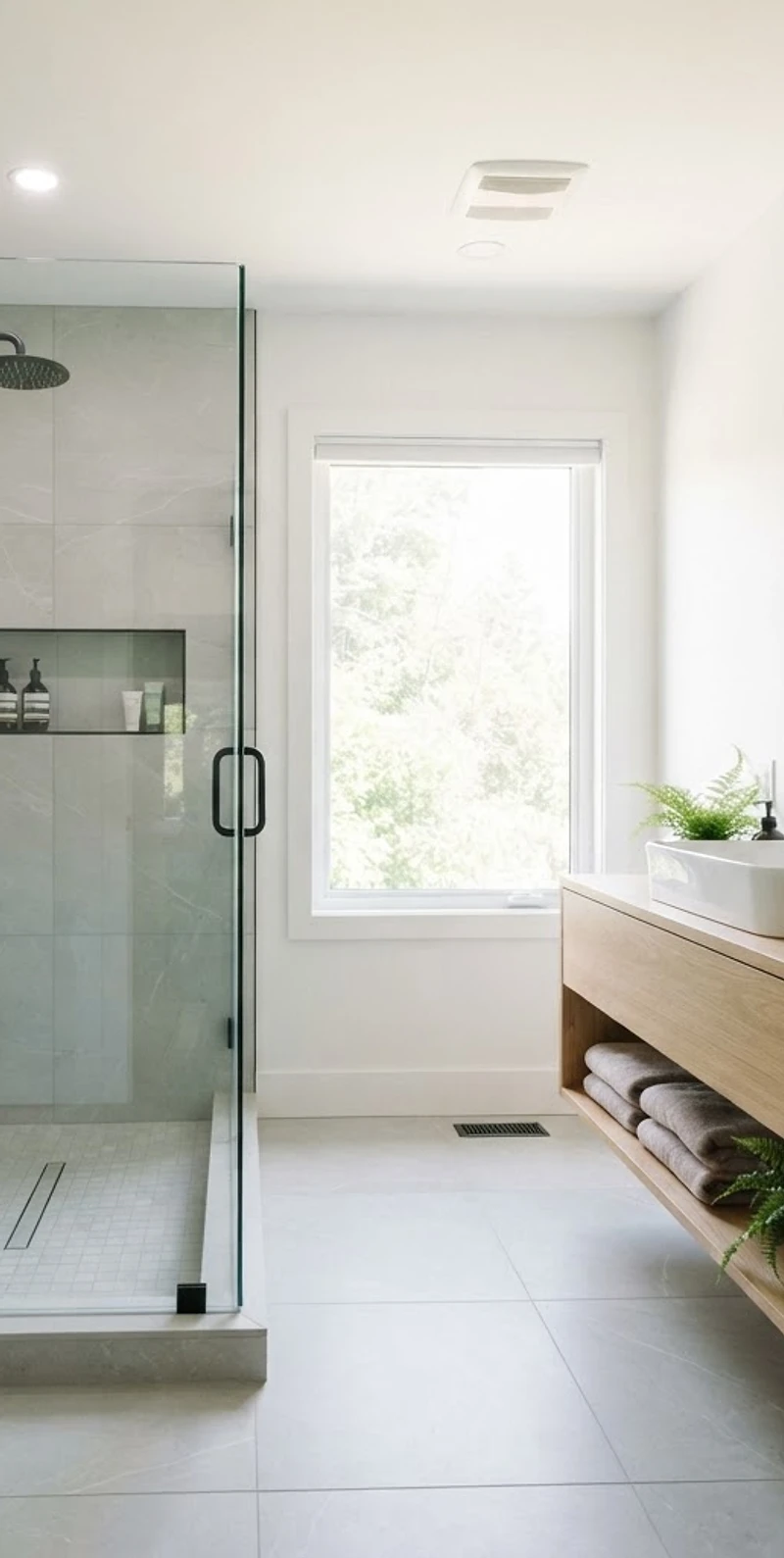 Renovated bathroom with walk-in tile shower and modern vanity