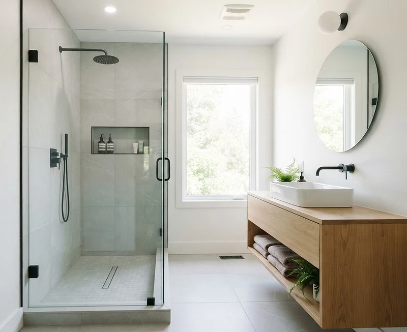 Renovated bathroom with walk-in tile shower and modern vanity