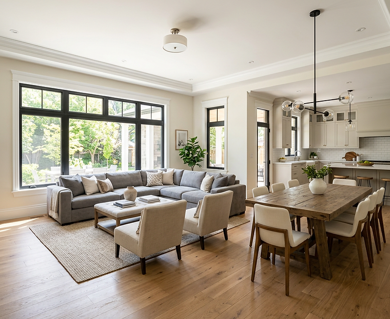 Open-concept living space after whole-home renovation
