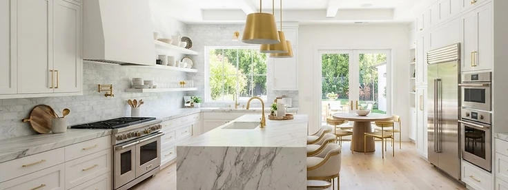 Finished modern kitchen renovation, wide view