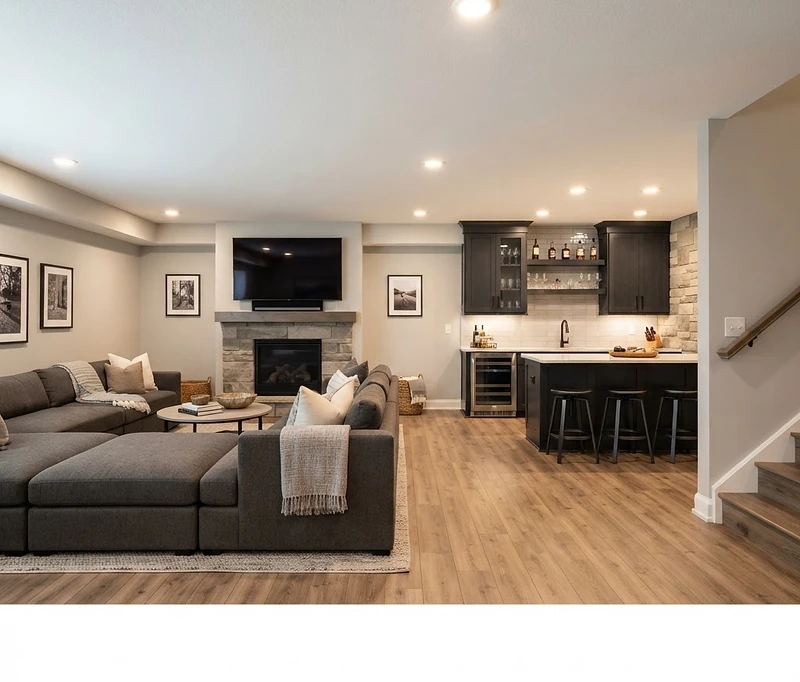 Finished basement with recessed lighting and durable flooring