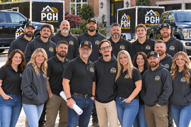 PGH Home Renovations full team posing in front of branded trailers