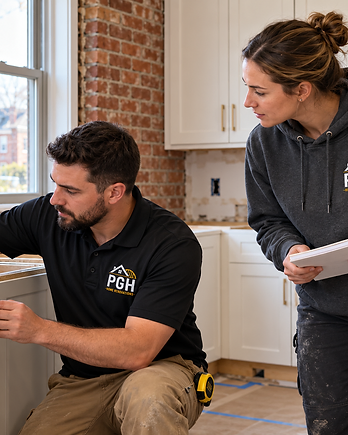 PGH crew measuring and leveling cabinetry on a kitchen remodel