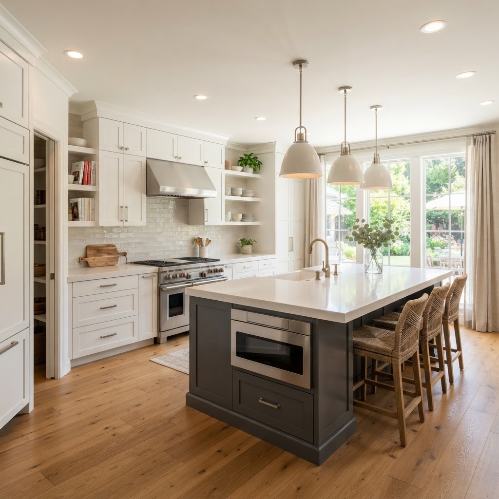 Example kitchen remodel with custom cabinetry and marble countertops