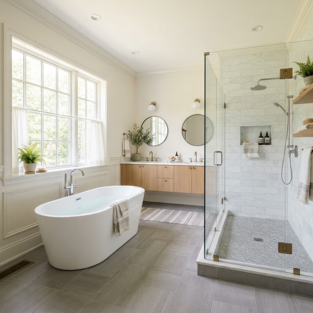 Example bathroom remodel with walk-in shower and tile flooring