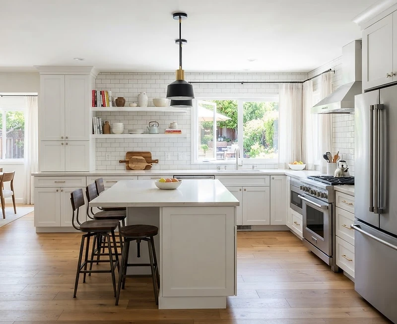 Modern kitchen remodel with white cabinetry and quartz countertops