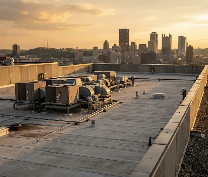 Flat commercial roof with membrane surface and HVAC units