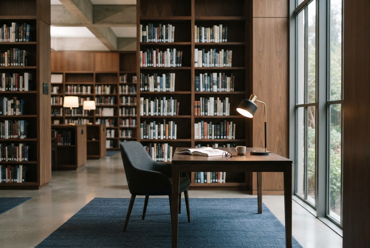 A quiet, empty library interior with soft natural light.