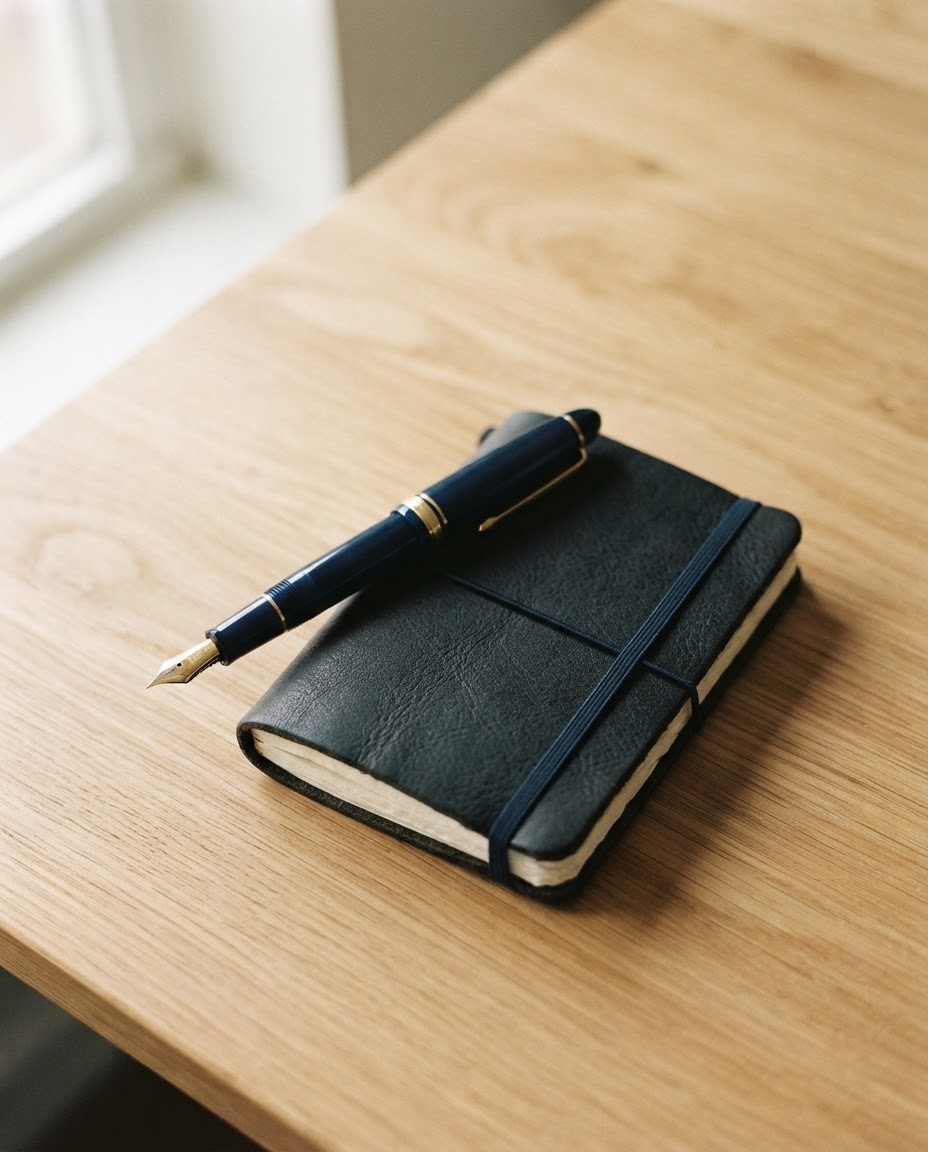 A clean oak desk with a pen and notebook in soft morning light.