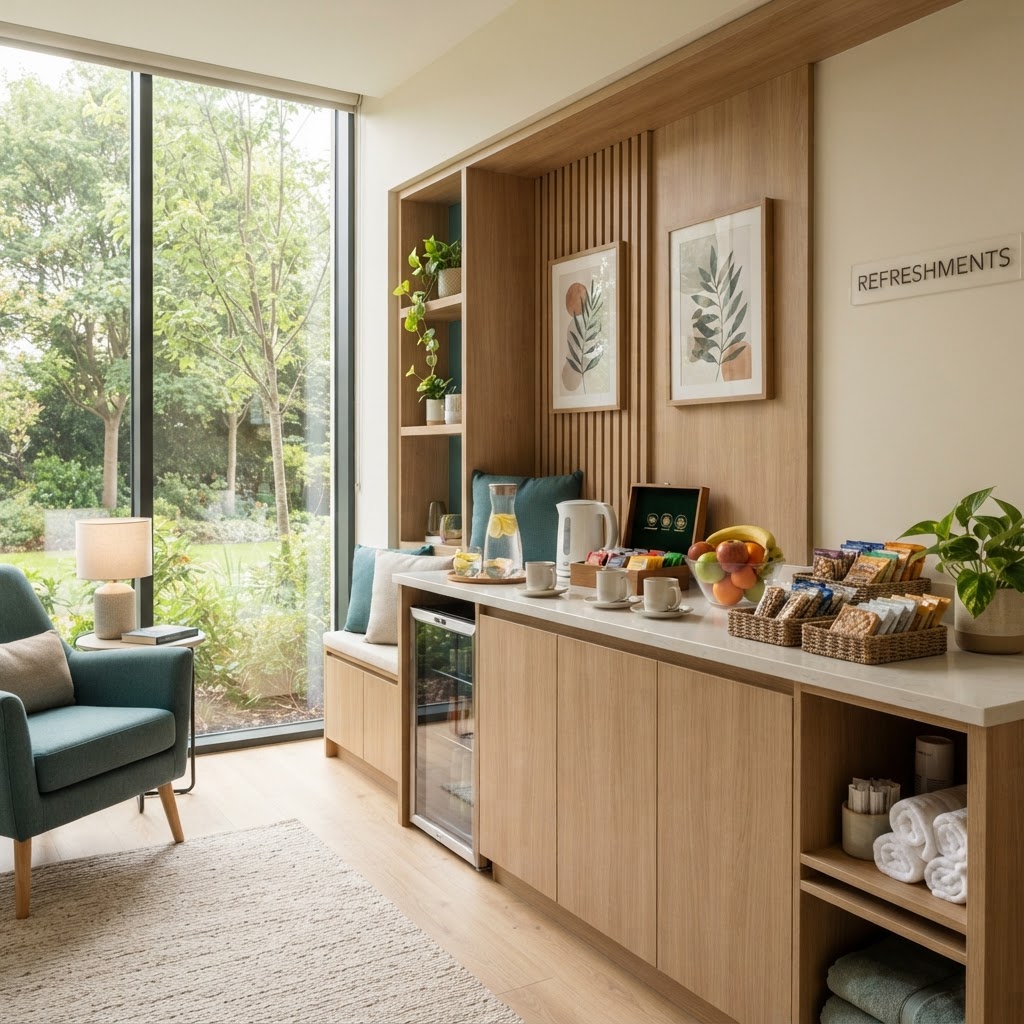 A hospitality nook with complimentary tea and snacks in a modern infusion center