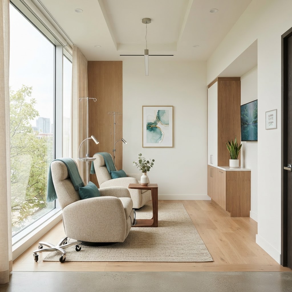 A bright modern infusion therapy room with comfortable chairs and IV stands