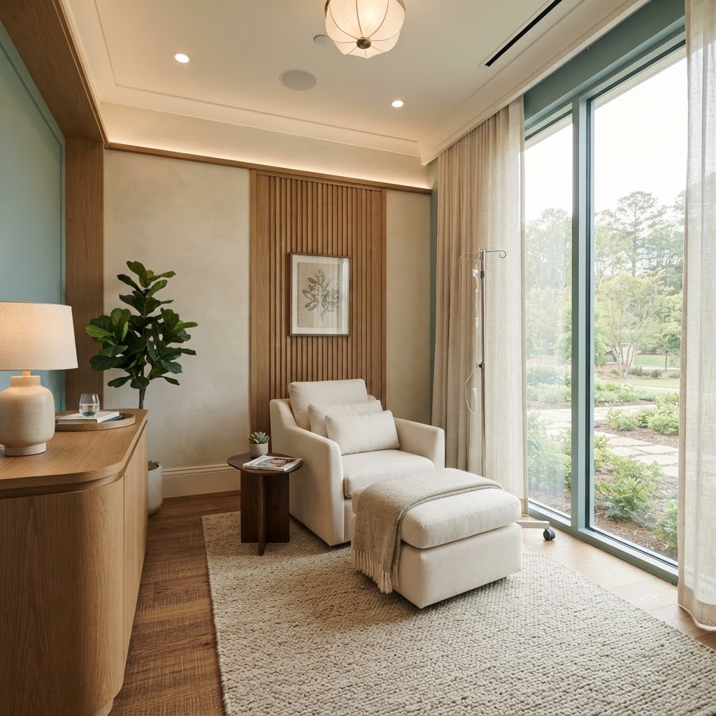 A modern private infusion suite with a comfortable chair beside a sunlit window