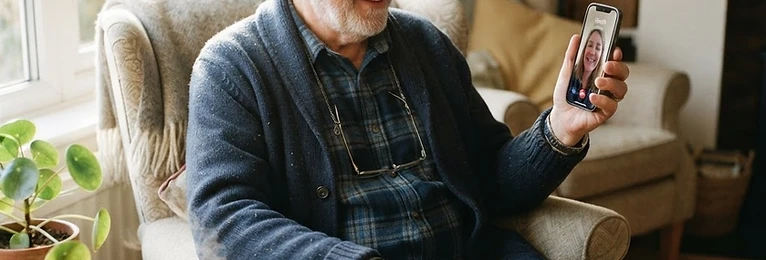 An older adult at home, feeling connected and at ease