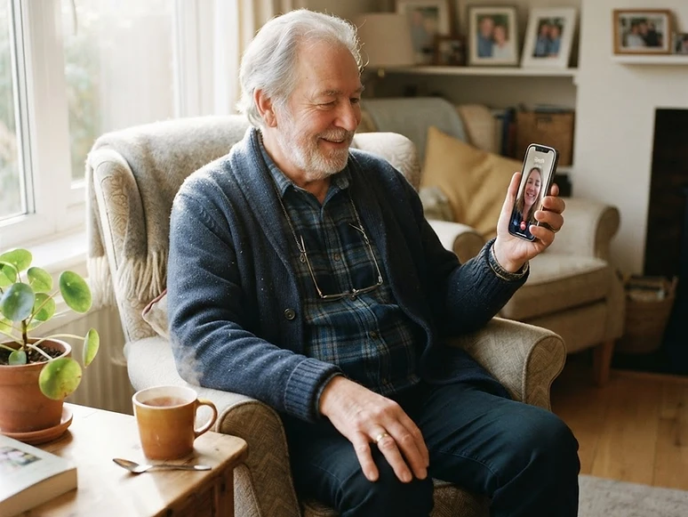 An older adult at home, feeling connected and at ease