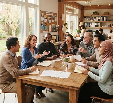 Professionals collaborating in a bright, welcoming space