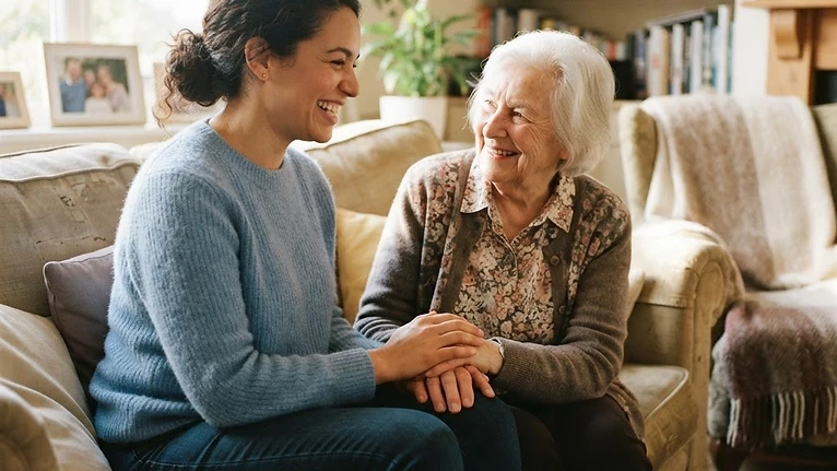 A caregiver and older adult sharing a warm moment of trust