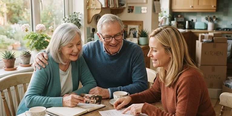 A family planning a home transition together at their kitchen table
