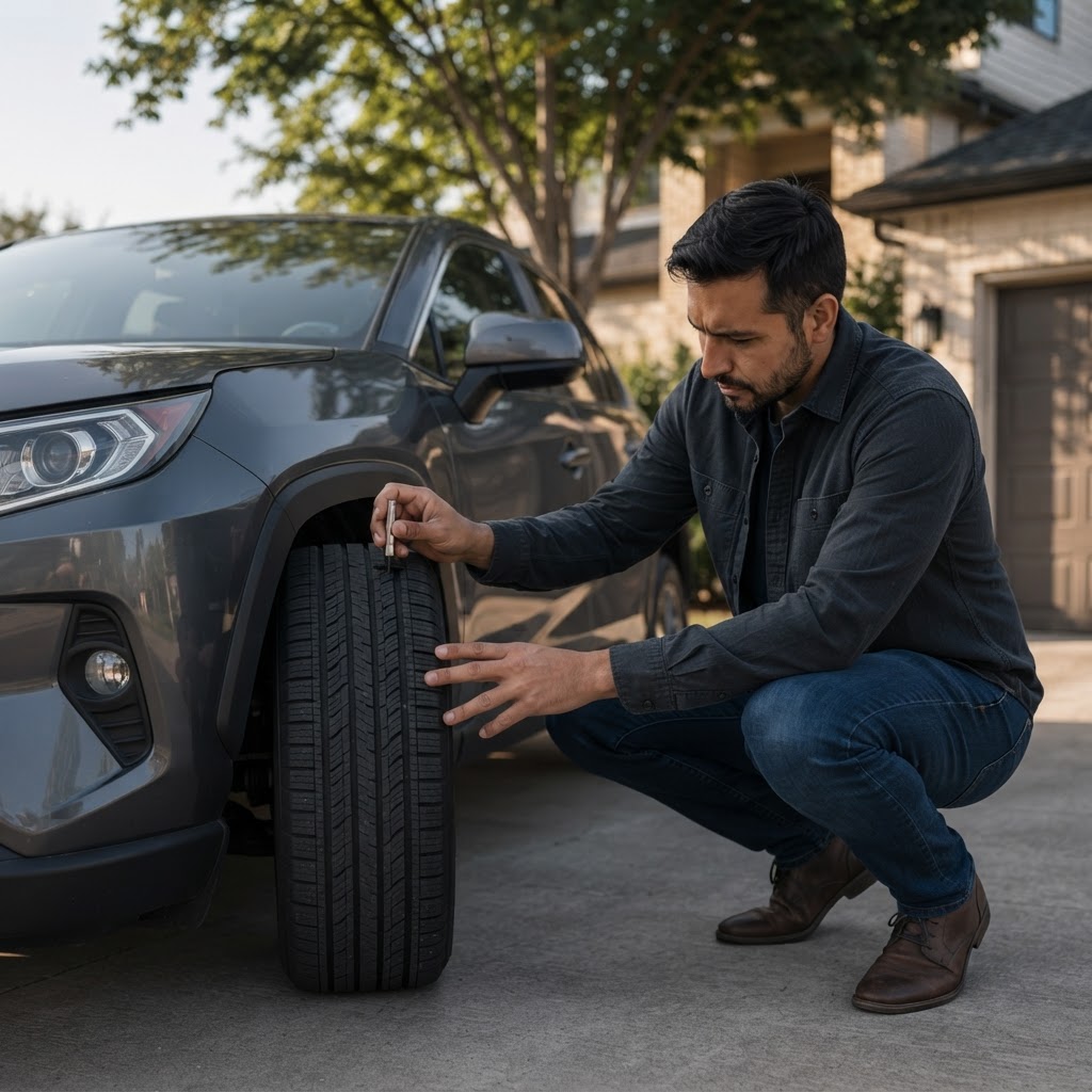 A vehicle owner checking tyre tread depth with a handheld gauge on a residential driveway