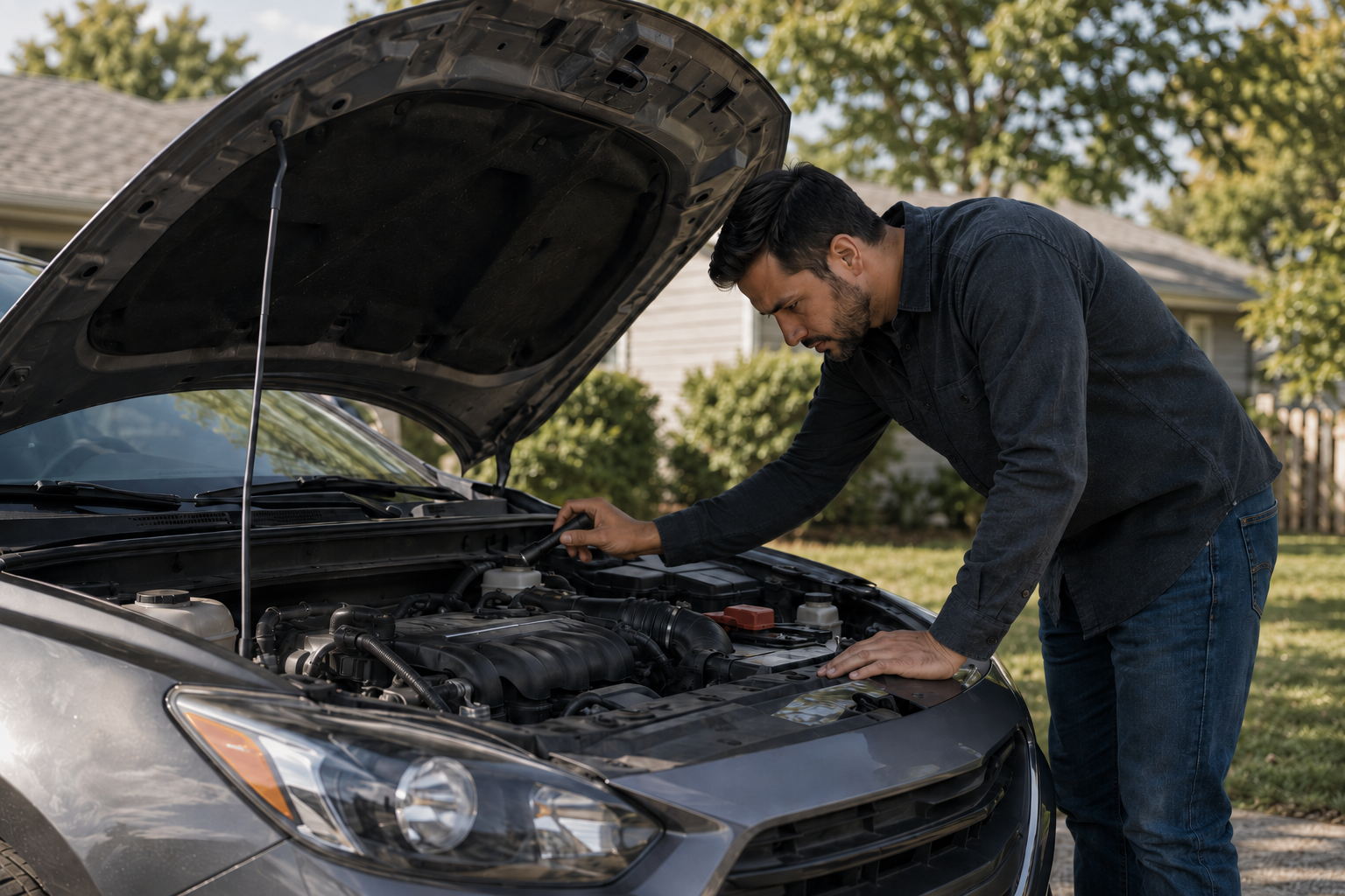 Buyer using a flashlight to inspect the shadowed upper section of a used car's engine bay.
