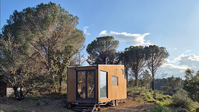 Berkana Othala tiny house among pine trees at golden hour