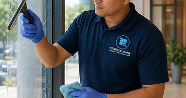 Sparkle Shine technician in branded uniform squeegeeing interior floor-to-ceiling glass with microfiber cloth