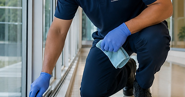 Sparkle Shine technician in branded uniform cleaning a sliding door track with a detail brush