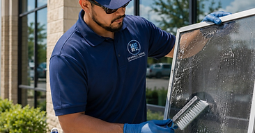 Sparkle Shine technician in branded uniform scrubbing a window screen with soapy water