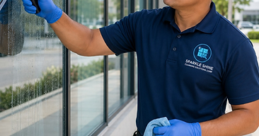 Sparkle Shine technician in branded uniform squeegeeing exterior commercial glass