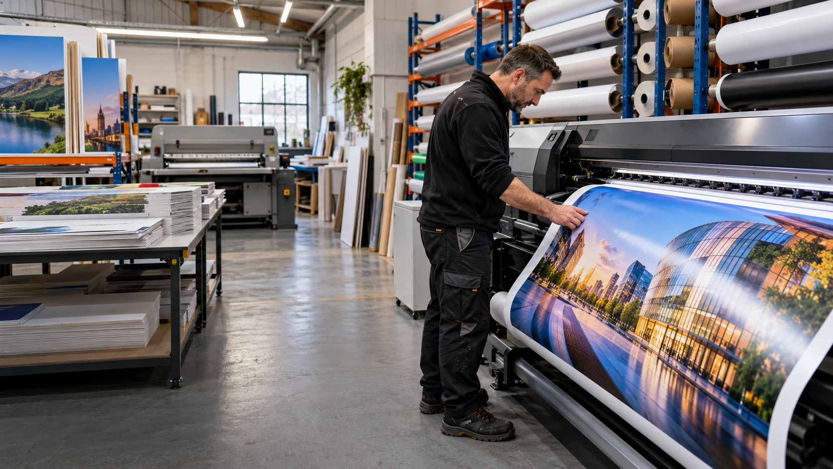 Print operator producing a large-format cityscape print in a commercial workshop