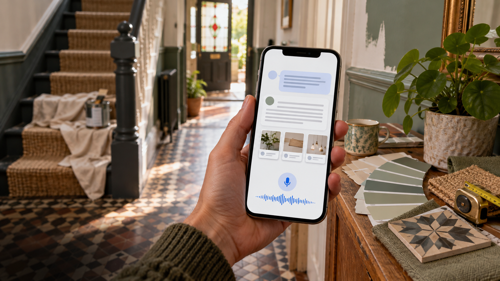 Person holding a smartphone showing an AI search conversation interface in a home setting