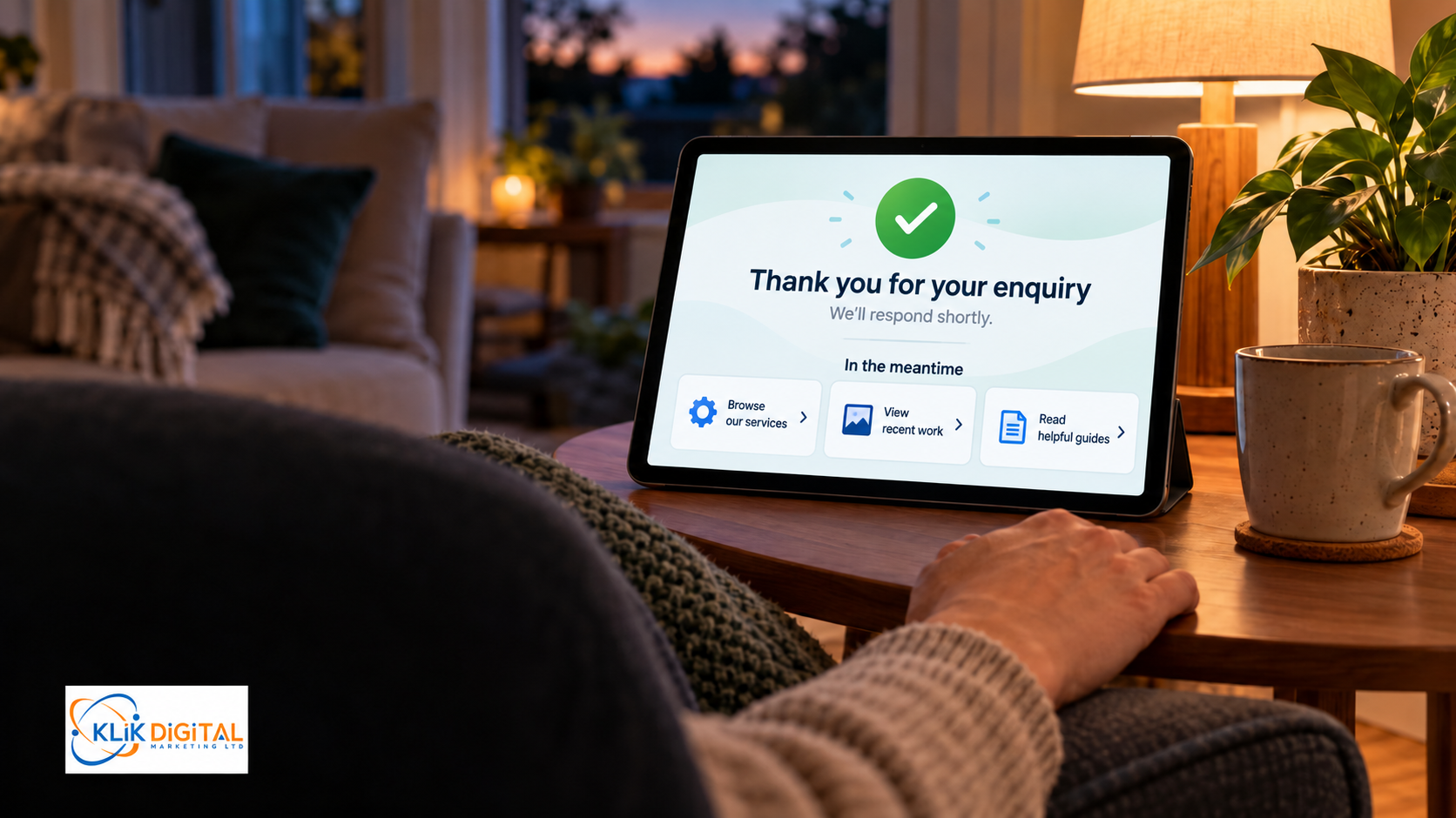 Thank-you page displaying enquiry confirmation, response timing and helpful next steps