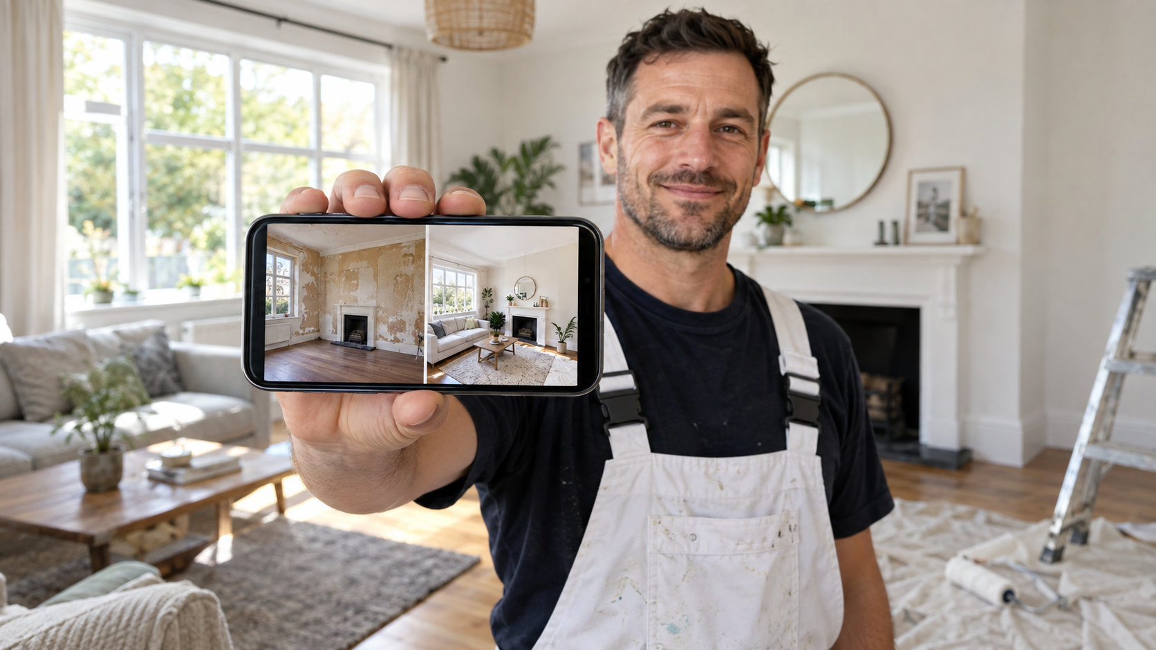 Painter and decorator in overalls holding a smartphone showing a before-and-after living room transformation