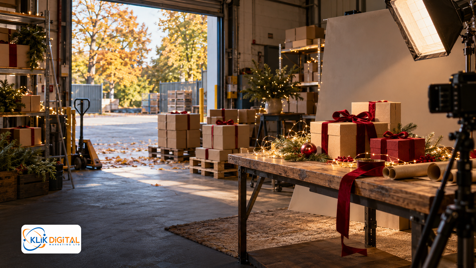 Christmas marketing campaign photography and product packing prepared during early autumn