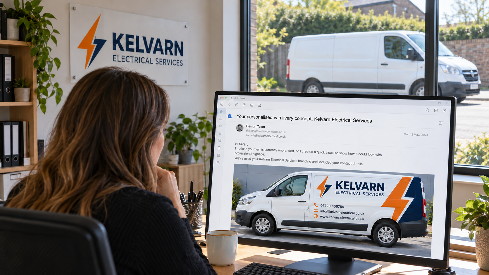 Personalised outreach email showing a custom van livery concept sent to a business