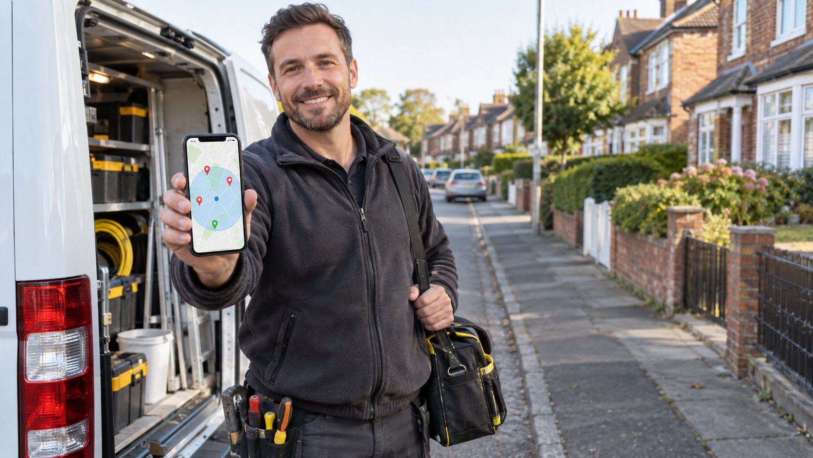 A tradesman in a dark fleece standing on a UK residential street holding a smartphone showing a local service-area map with location pins