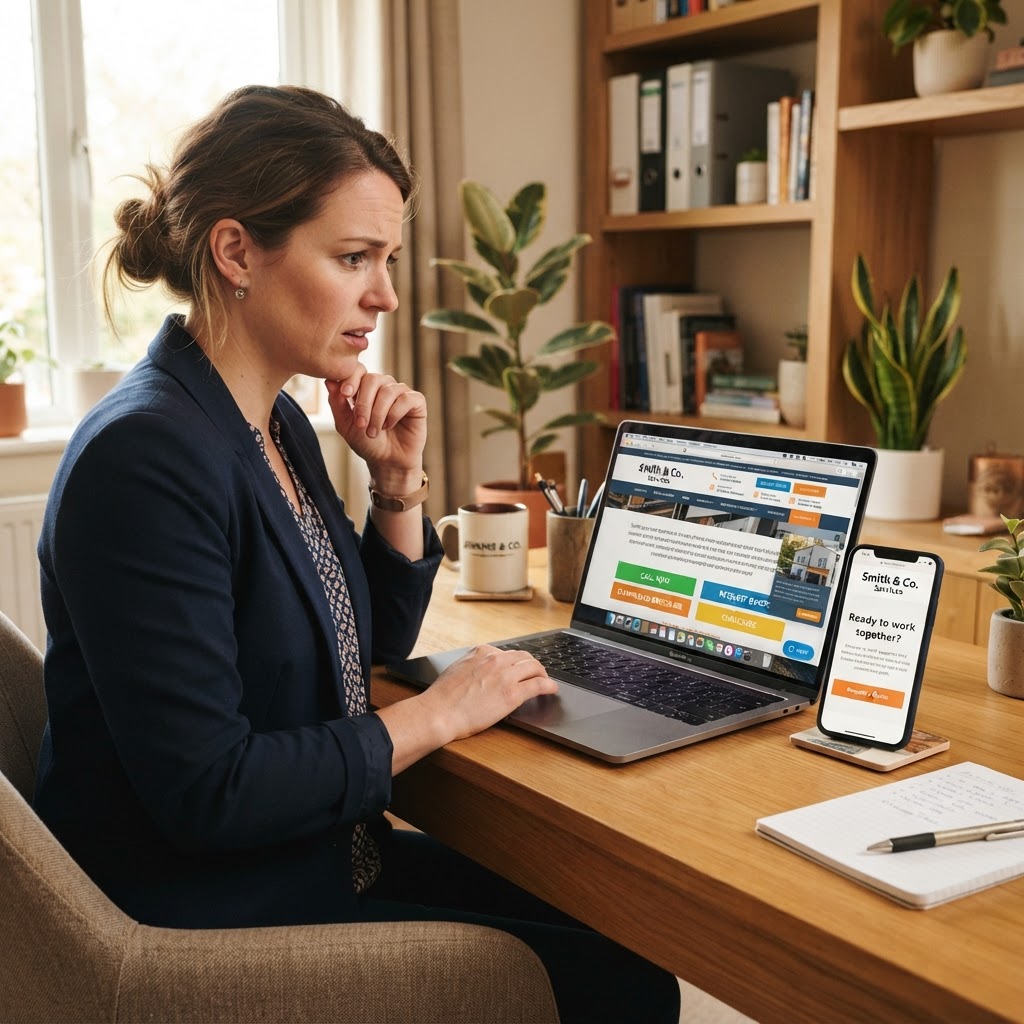 A small business owner comparing a cluttered website full of competing buttons with a clean page showing one clear call to action