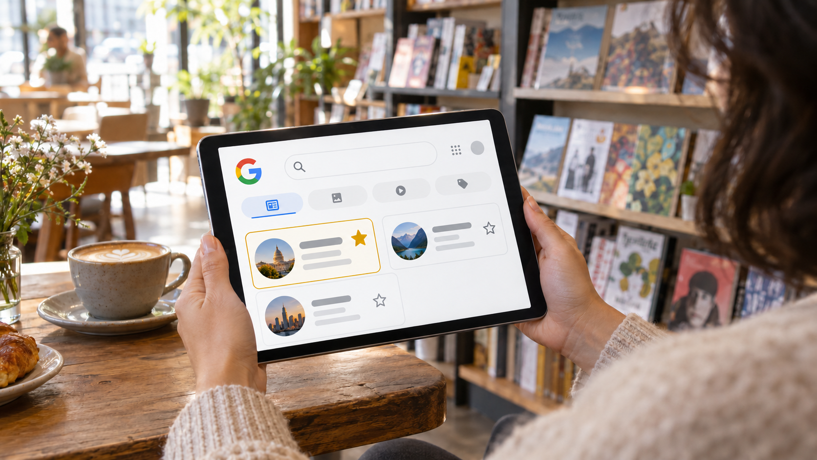Person holding a tablet in a cafe displaying a Google Search interface with a preferred news source selected and highlighted with a gold star