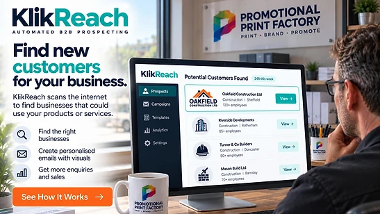 KlikReach dashboard showing potential customers found for a promotional print company, with a prospect list of construction businesses
