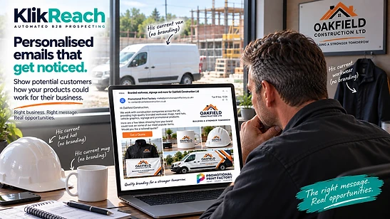 Personalised email from Promotional Print Factory to Oakfield Construction showing their branding applied to a mug, hard hat, van and jacket